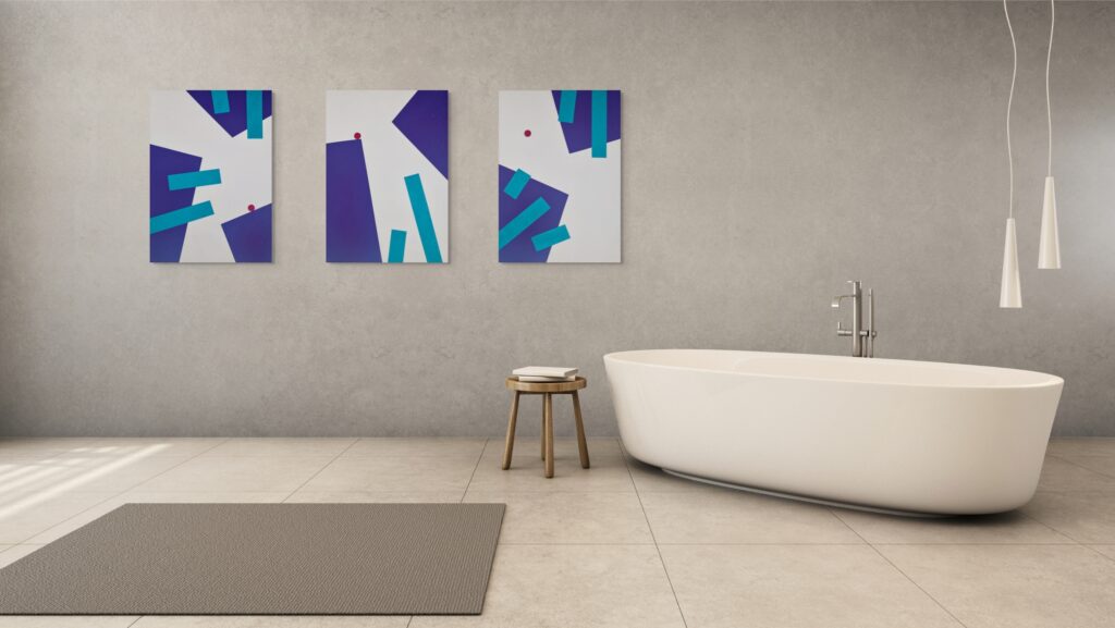 Geometric, textured abstract art by Adra - Playtime Triptych in bathroom