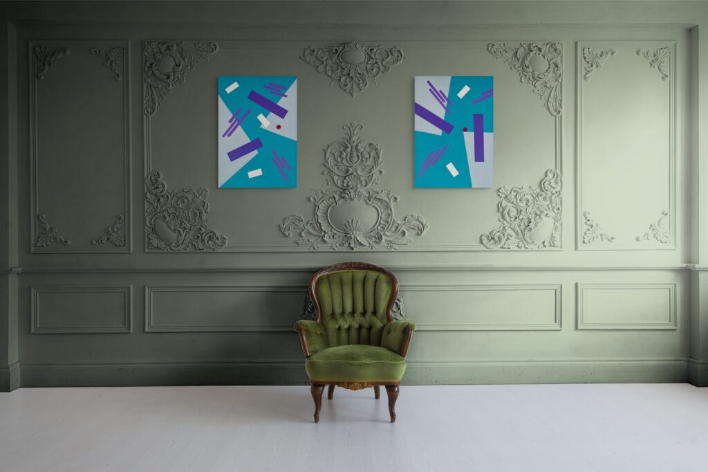 Abstract, textured paintings by Adra - Balance Triptych in historic modern living room with high walls