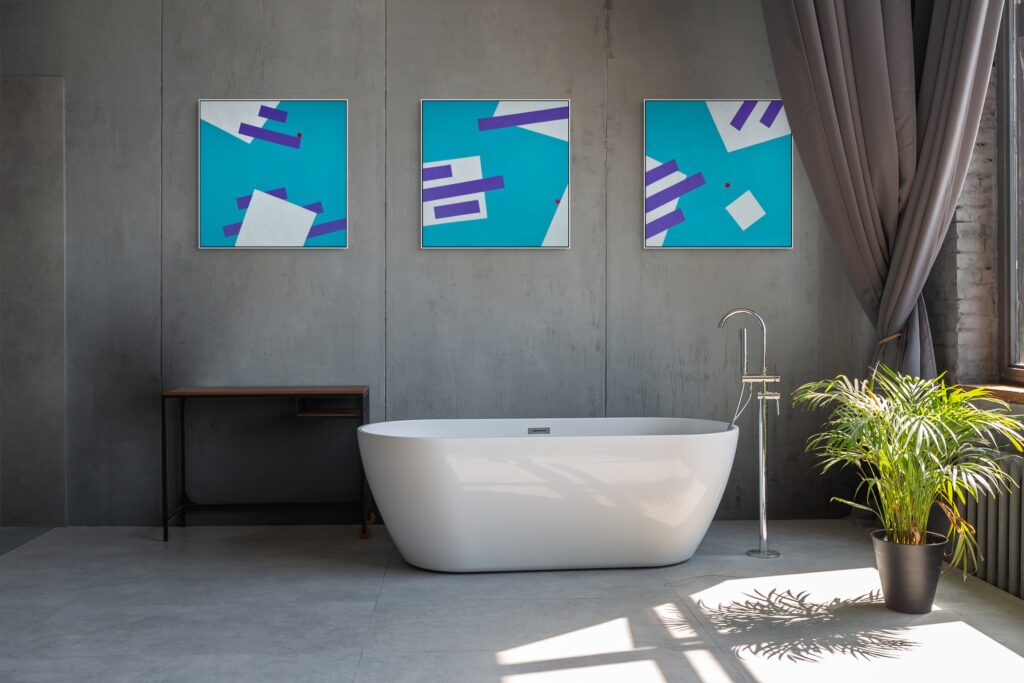 Geometric abstract art in bathroom - Gravity Triptych Paintings by Adra