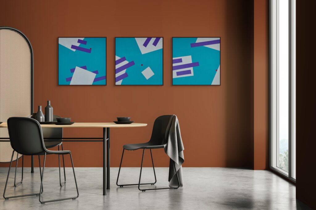 Geometric abstract art in dining room 02 - Gravity Triptych Paintings by Adra