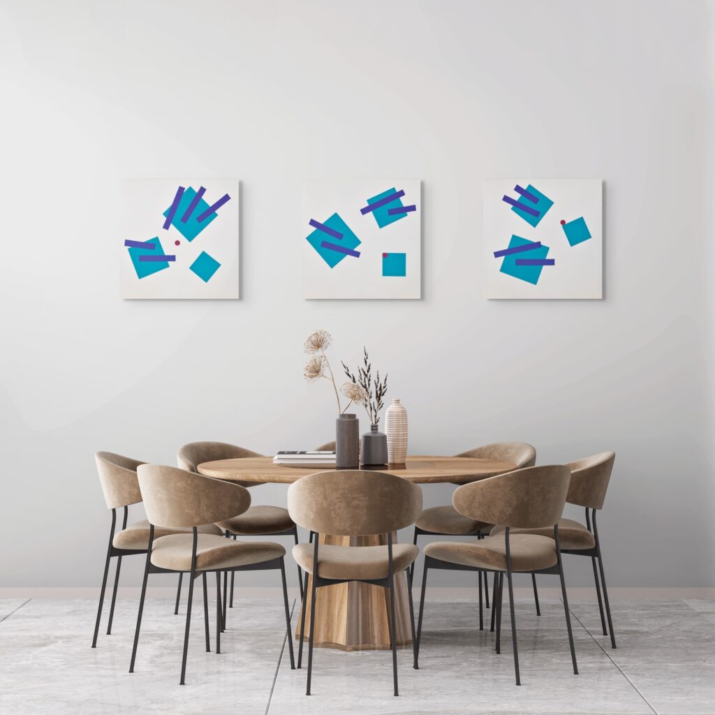 Abstract, geometric, textured paintings by Adra - Joy of Closeness Triptych in dining room