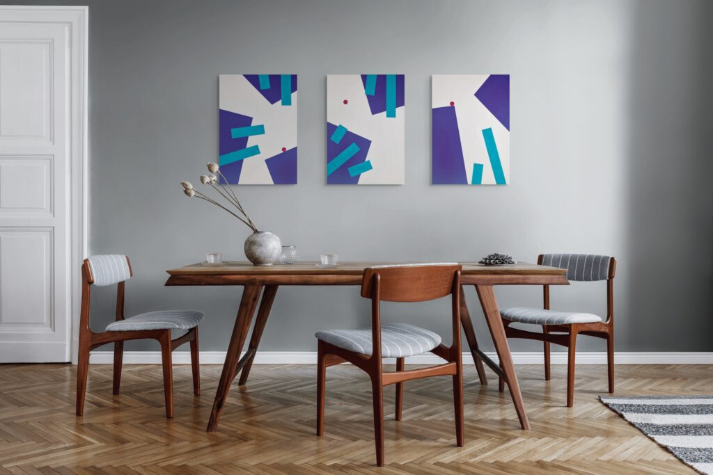 Geometric, textured abstract art by Adra - Playtime Triptych in minimalist dining room