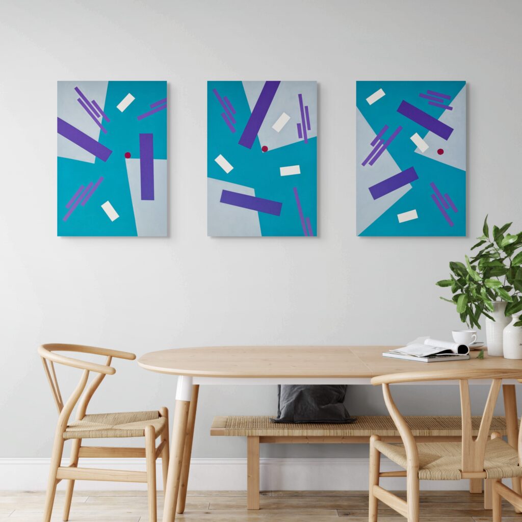 Abstract, textured paintings by Adra - Balance Triptych dining room
