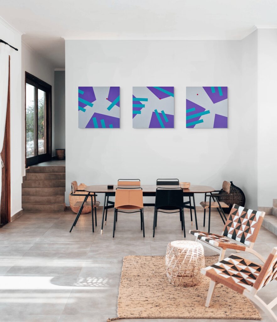 Abstract, textured paintings by Adra - Interplay Triptych by Adra in dining room 03