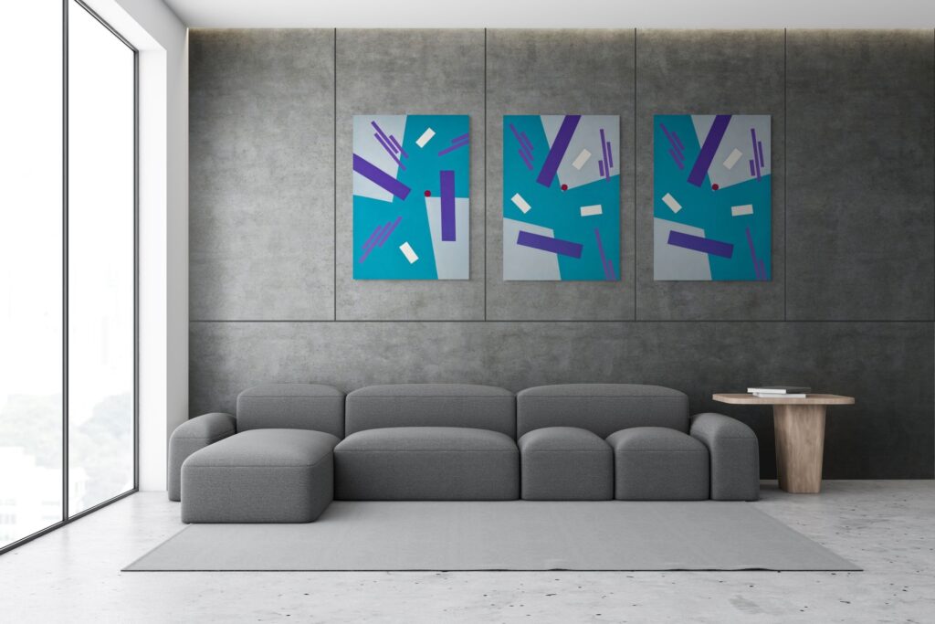 Abstract, textured paintings by Adra - Balance Triptych in grey wall living room 09