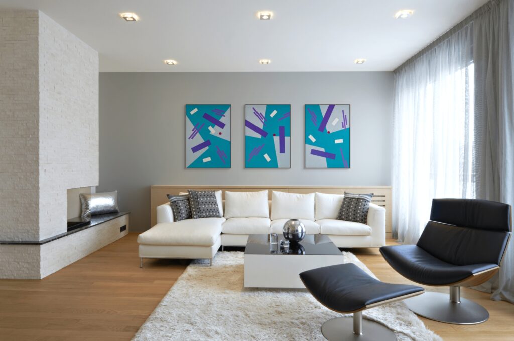 Abstract, textured paintings by Adra - Balance Triptych in grey wall living room