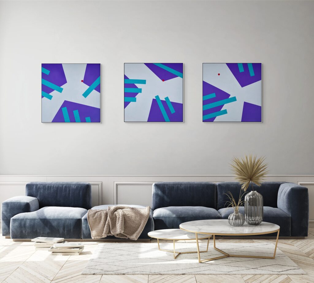 Abstract, textured paintings by Adra - Interplay Triptych by Adra in living room 03