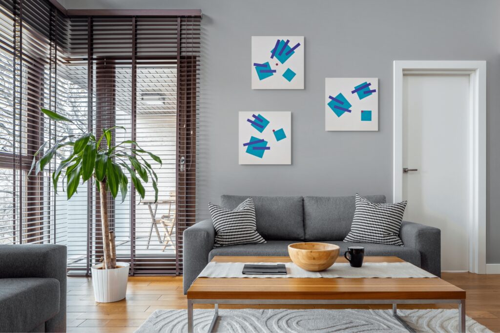 Abstract, geometric, textured paintings by Adra - Joy of Closeness Triptych in living room