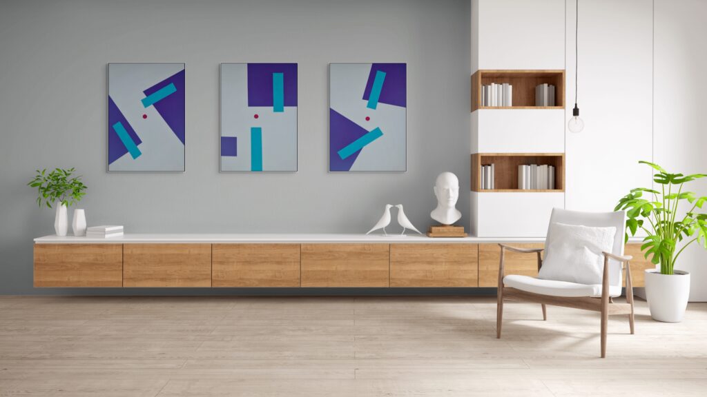 Abstract geometric paintings by Adra - Sensations Triptych in living room 01