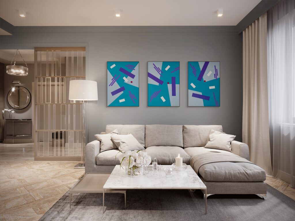 Abstract, textured paintings by Adra - Balance Triptych in grey wall living room 02