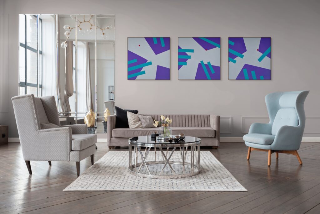 Abstract, textured paintings by Adra - Interplay Triptych by Adra in living room 06