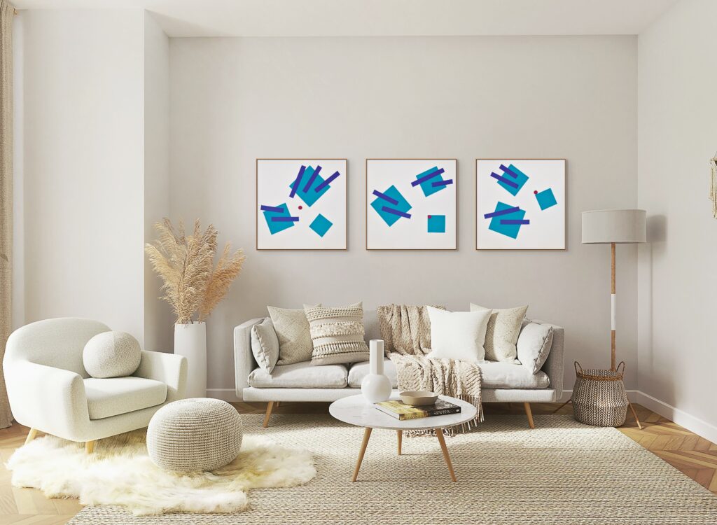 Abstract, geometric, textured paintings by Adra - Joy of Closeness Triptych in living room 03