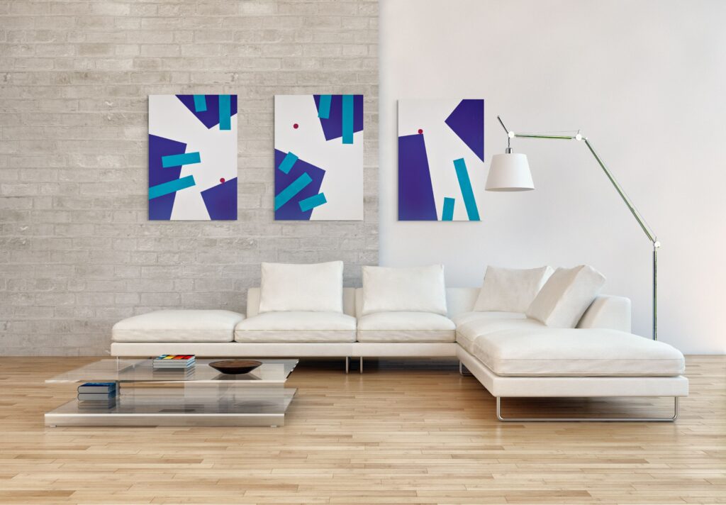 Geometric, textured abstract art by Adra - Playtime Triptych in whiteliving room