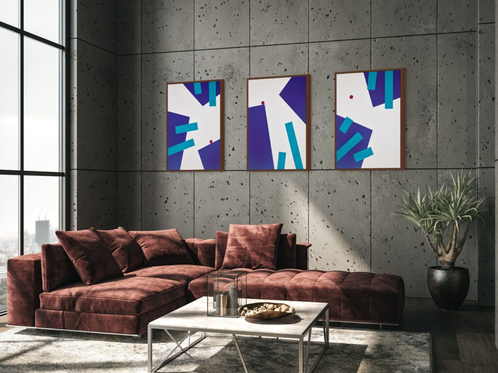 Geometric, textured abstract art by Adra - Playtime Triptych in chic living room