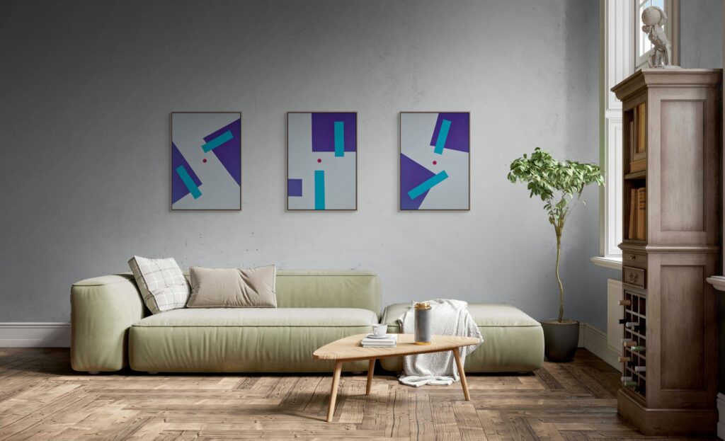Abstract geometric paintings by Adra - Sentantions Triptych in living room 03
