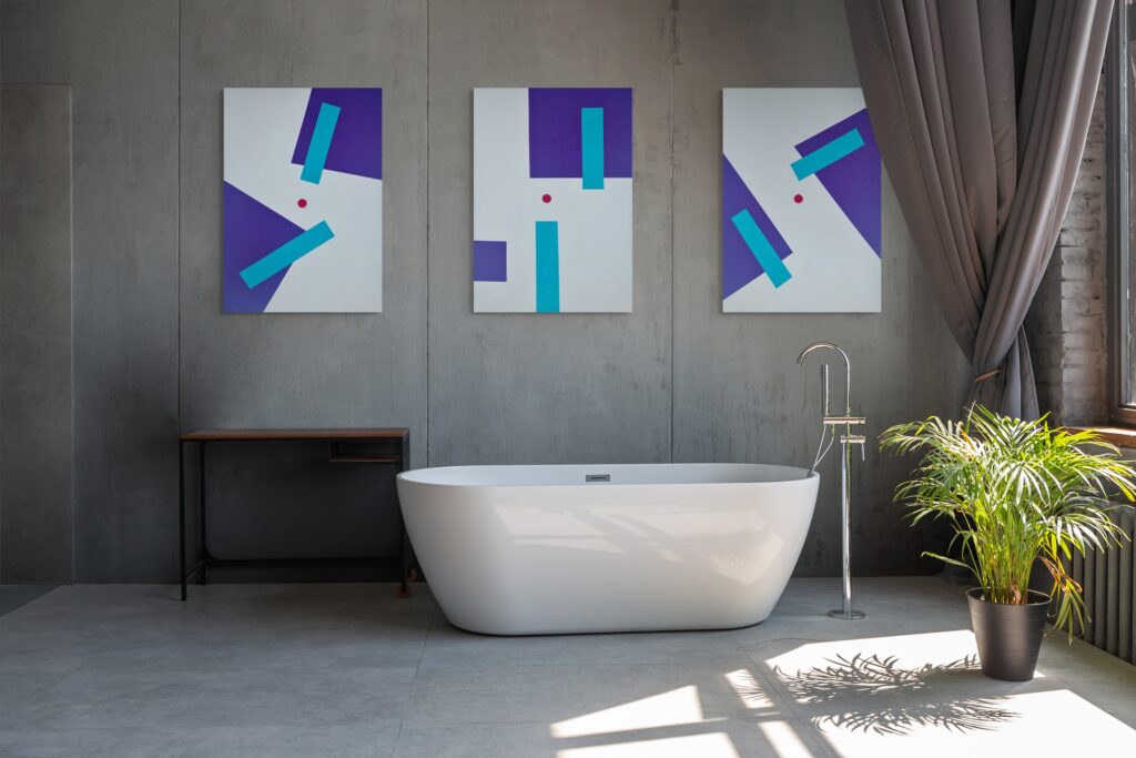 Abstract geometric paintings by Adra - Sentantions Triptych in bathroom