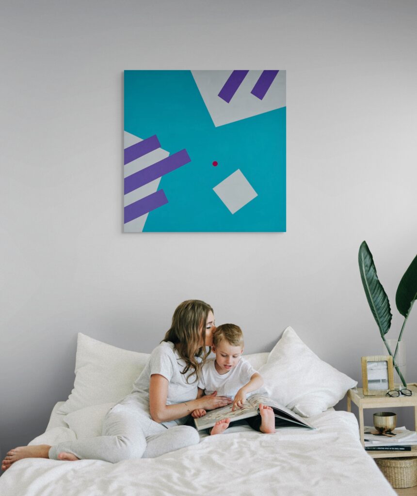 Abstract, textured painting by Adra - Gravity Uplifting painting by Adra in bedroom setting