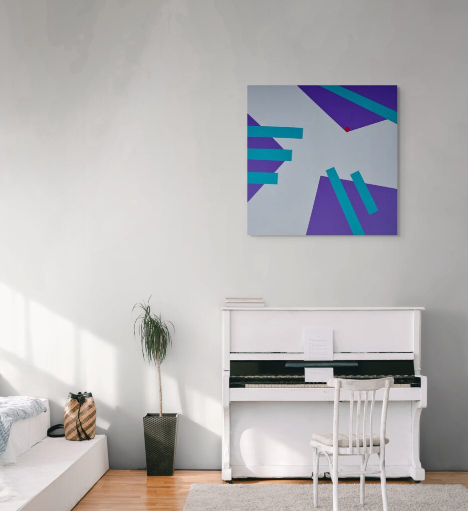 Abstract, textured painting by Adra - Interplay Calling by Adra in bedroom with piano