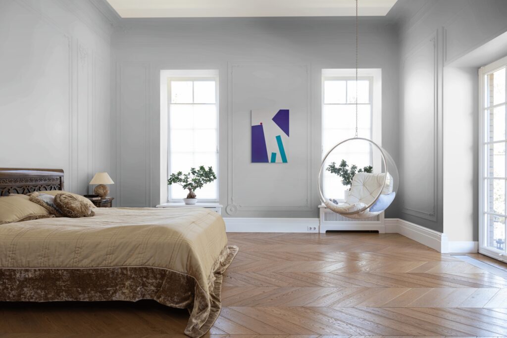 Geometric, textured abstract art by Adra - Playtime Triptych in bedroom
