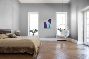 Geometric, textured abstract art by Adra - Playtime Triptych in bedroom