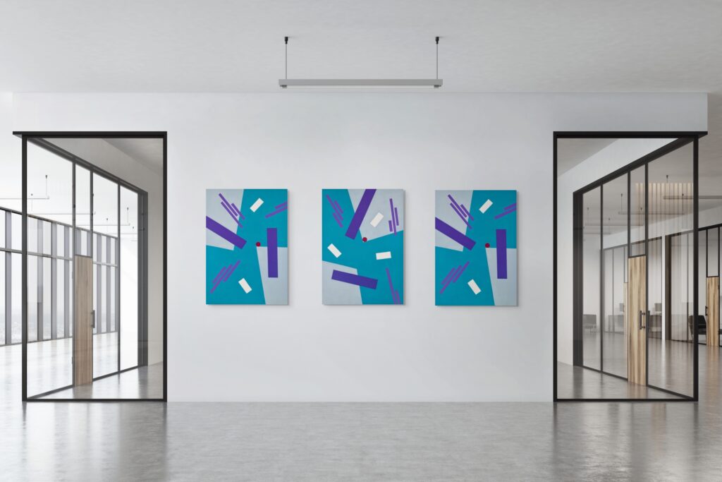 Balance Triptych paintings by Adra - geometric, textured art for offices and work spaces