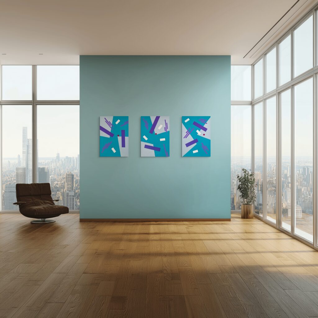 Abstract, textured paintings by Adra - Balance Triptych in minimalist skyline living room