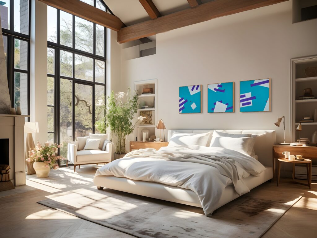 Geometric abstract art in bedroom - Gravity Triptych Paintings by Adra