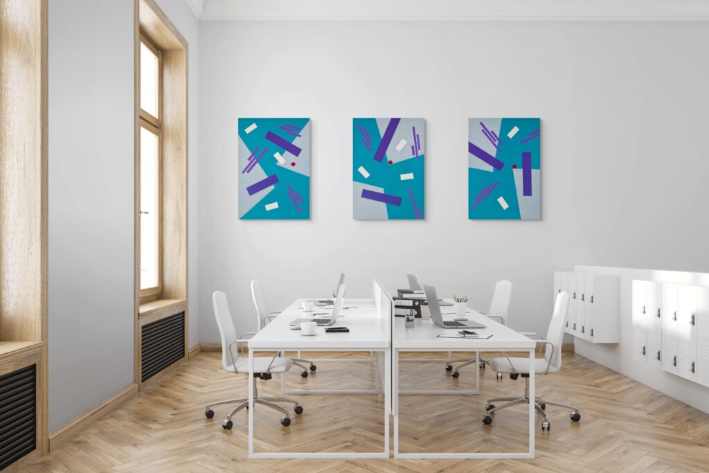 Abstract, textured paintings by Adra - Balance Triptych in office and workspace