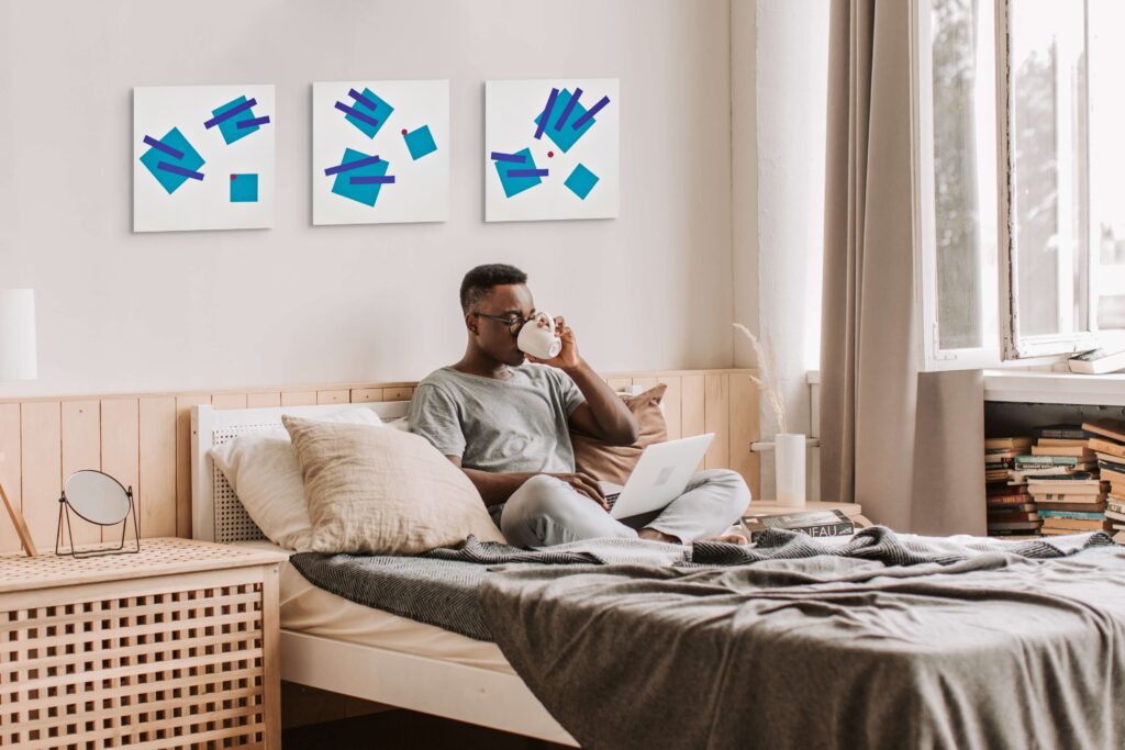 Abstract, geometric, textured paintings by Adra - Joy of Closeness Triptych in bedroom