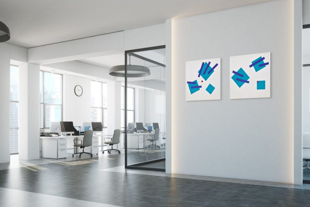Abstract, geometric, textured paintings by Adra - Joy of Closeness Triptych in office space