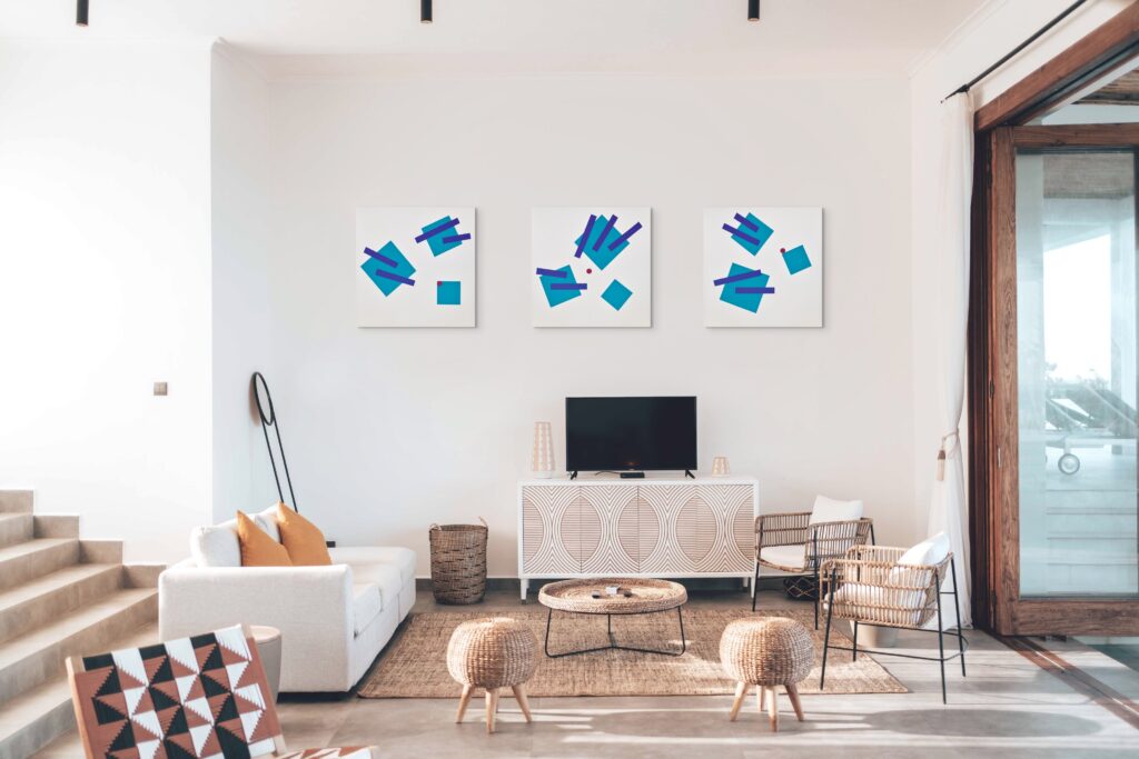 Abstract, textured painting by Adra - Joy of Closeness Triptych in living room