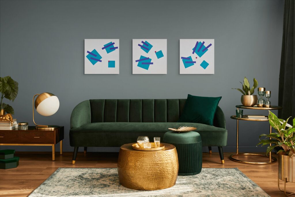 Abstract, geometric, textured paintings by Adra - Joy of Closeness Triptych in living room 08