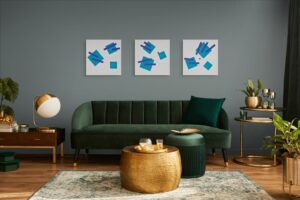 Abstract, geometric, textured paintings by Adra - Joy of Closeness Triptych in living room 08