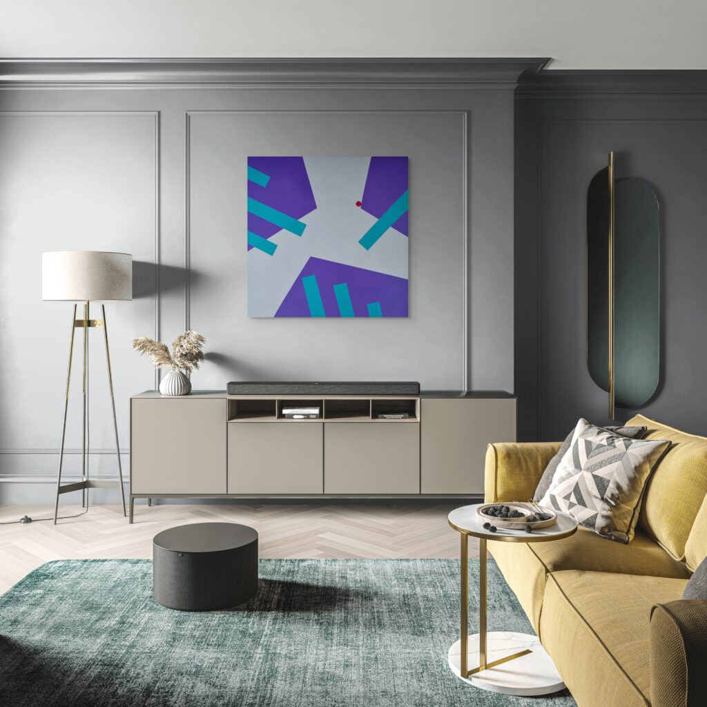 Abstract, textured painting by Adra - Interplay Exploring by Adra in greay living room