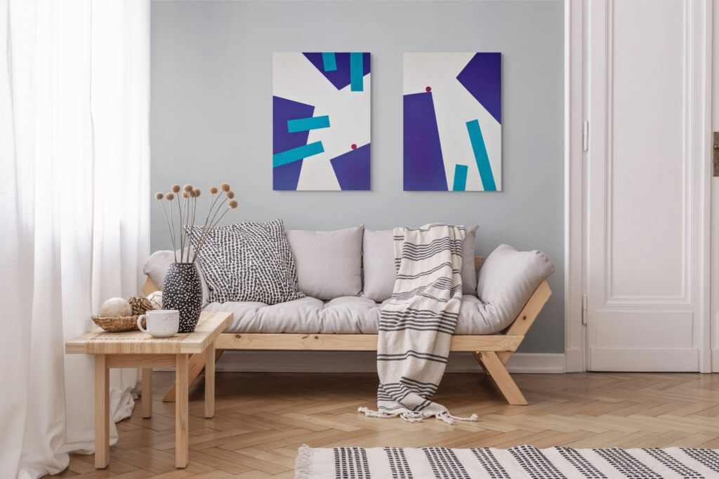 Geometric, textured abstract art by Adra - Playtime Diptych in scandinavian living room