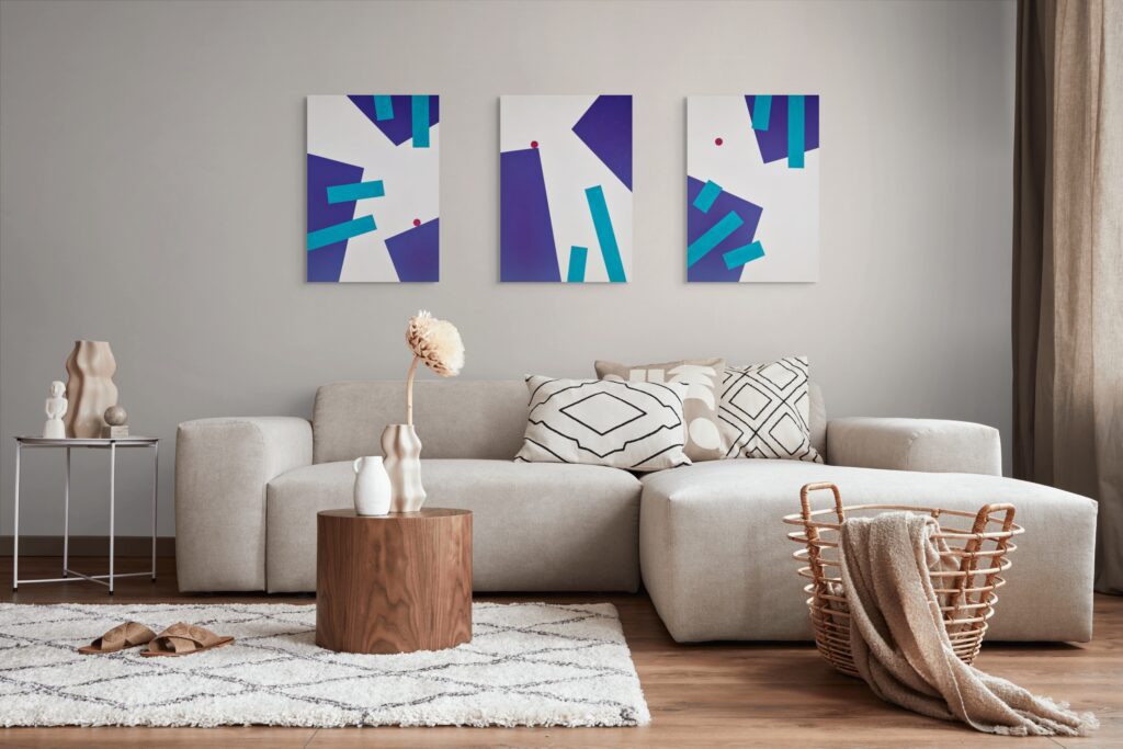 Geometric, textured abstract art by Adra - Playtime Triptych in minimalist living room