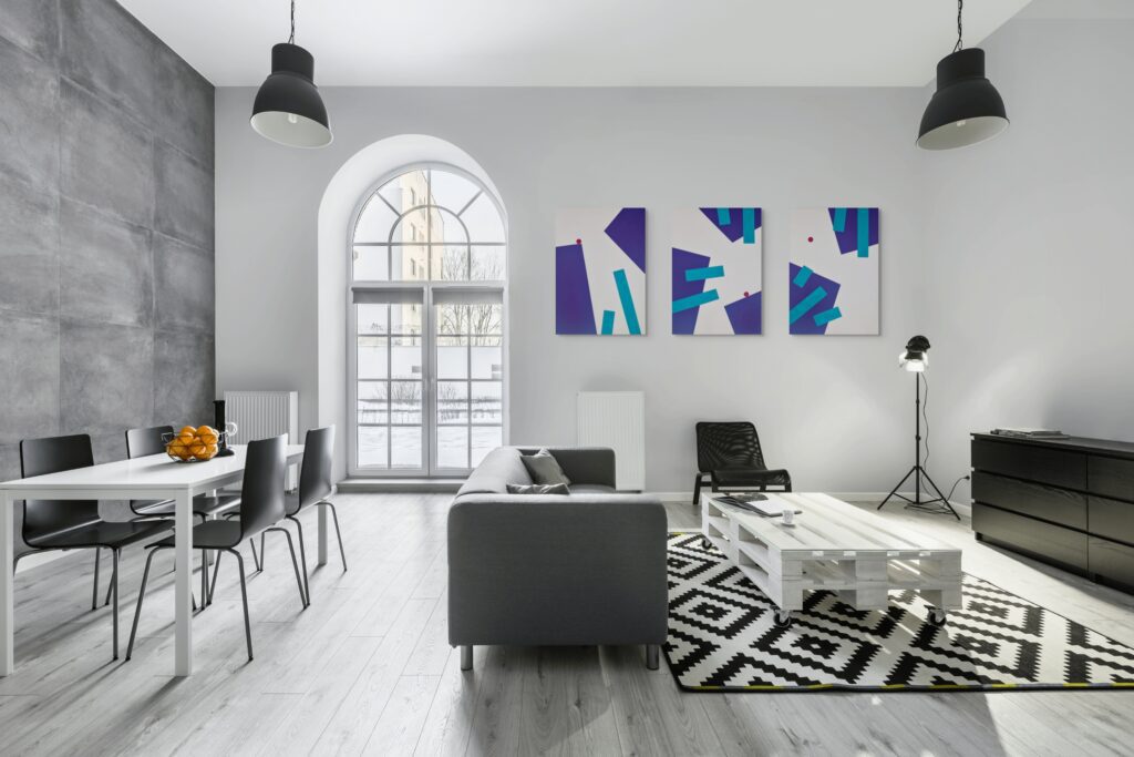 Abstract, textured painting by Adra - Playtime Triptych in modern loft living room