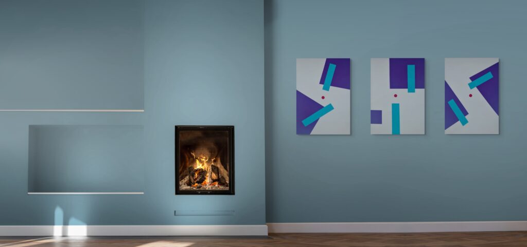 Abstract geometric paintings by Adra - Sentantions Triptych next to fireplace