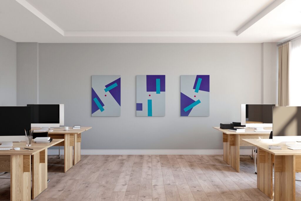 Abstract geometric paintings by Adra - Sentantions Pulses in office workspace