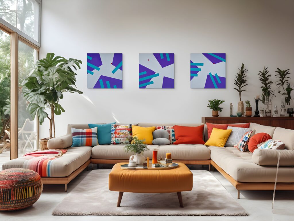 Abstract, textured paintings by Adra - Interplay Triptych by Adra in colourful living room 03