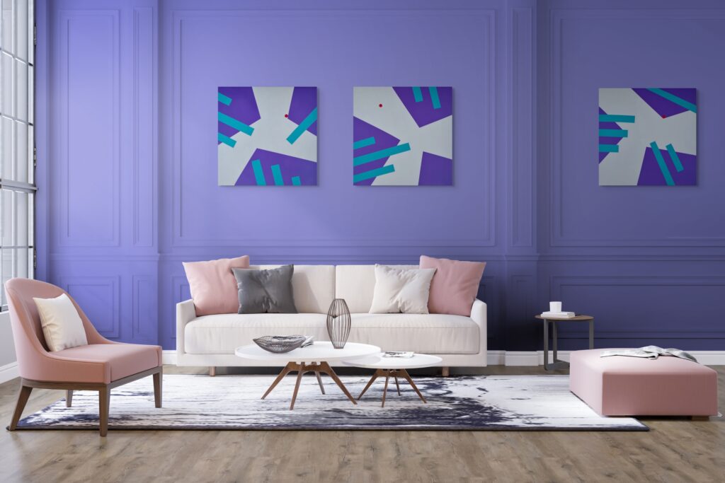 Purple living room with Interplay triptych by Adra - abstract, geometric, textured artist