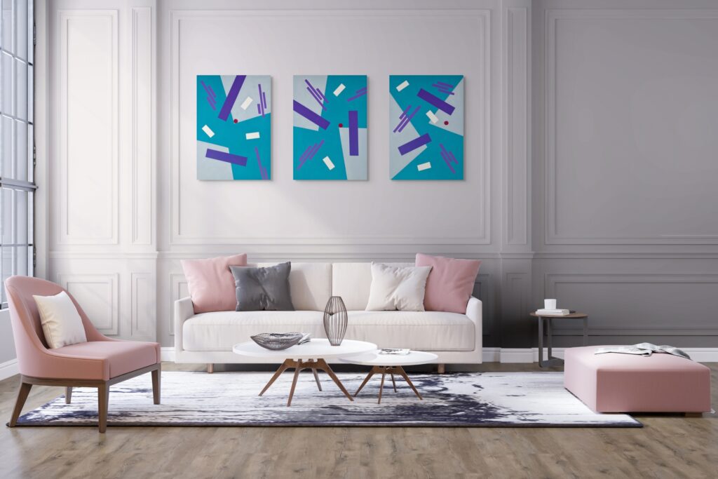 Abstract, textured paintings by Adra - Balance Triptych in minimalist chic living room 04