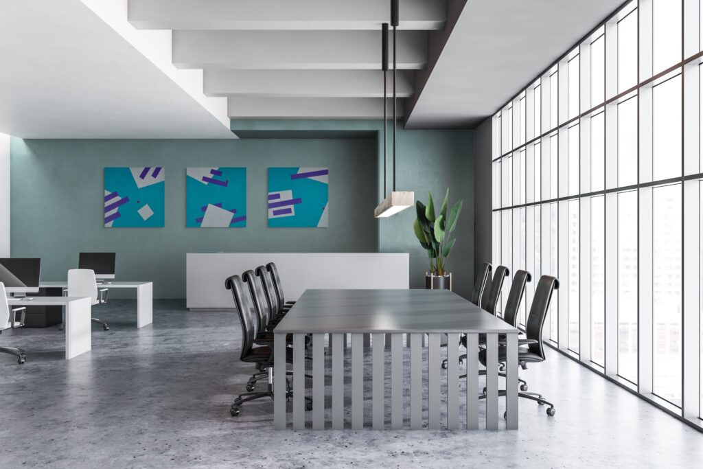 Textured, geometric paintings by Adra - Gravity triptych in office space