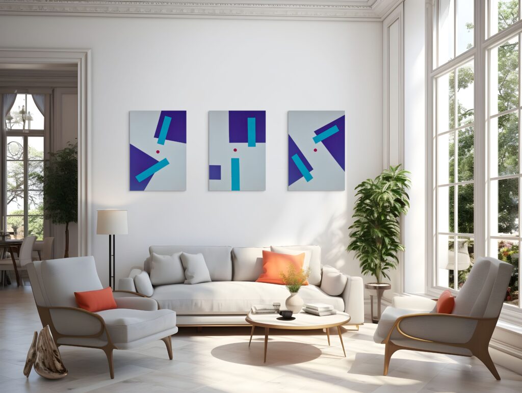Textured geometric art paintings by Adra - Sensations Triptych in chic living room with high ceilings