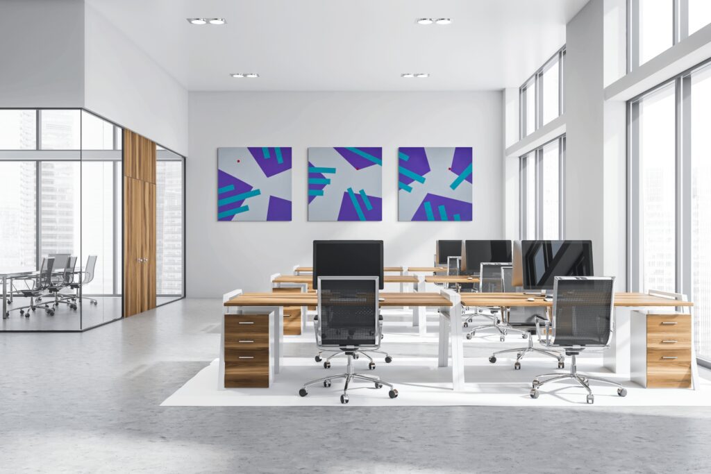 Abstract, textured paintings by Adra - Interplay Triptych by Adra in office open space