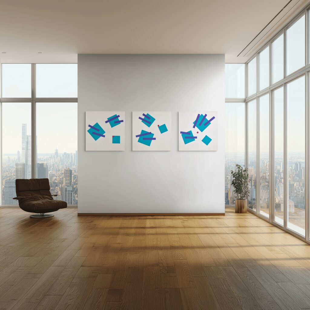 Abstract, textured painting by Adra - Joy of Closeness Triptych in skyline living room