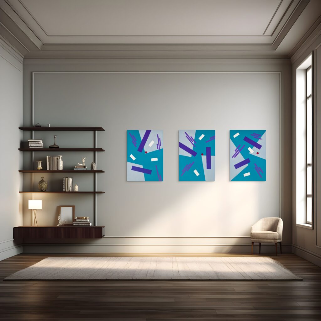 Abstract, textured paintings by Adra - Balance Triptych in minimalist living room 03