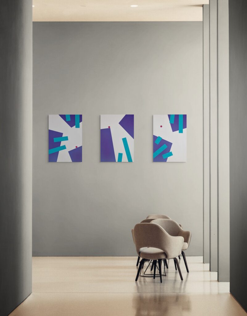 Abstract, textured painting by Adra - Playtime Triptych in modern office