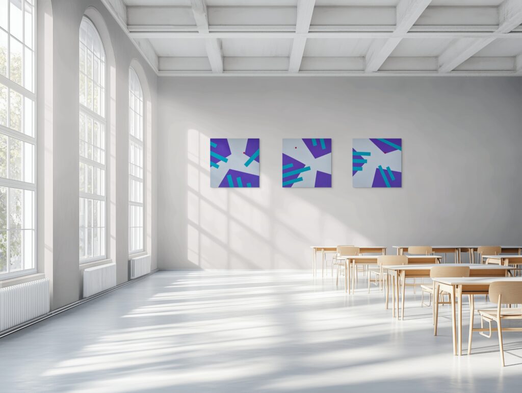 Abstract, textured painting by Adra - Interplay Triptych in office with high ceilings