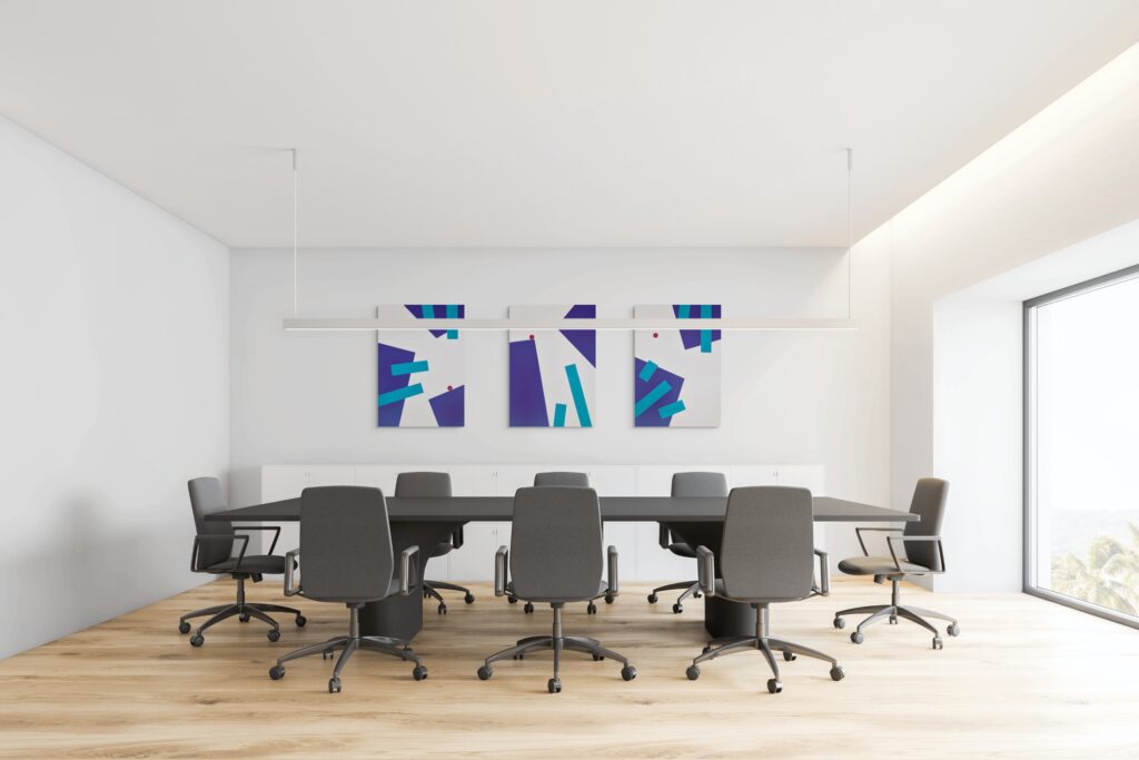 Geometric, textured abstract art by Adra - Playtime Triptych in office spaces